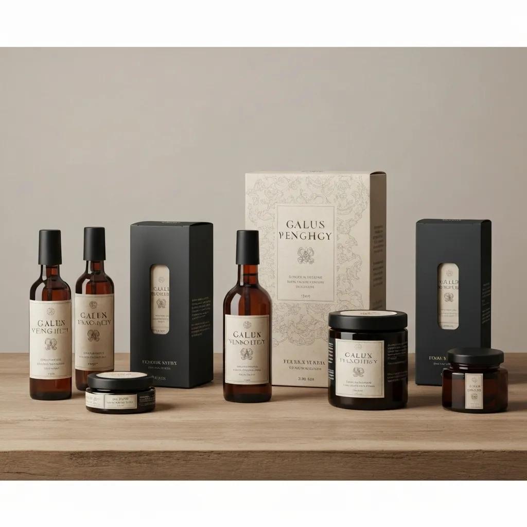 Custom packaging and labels for products displayed on a wooden table