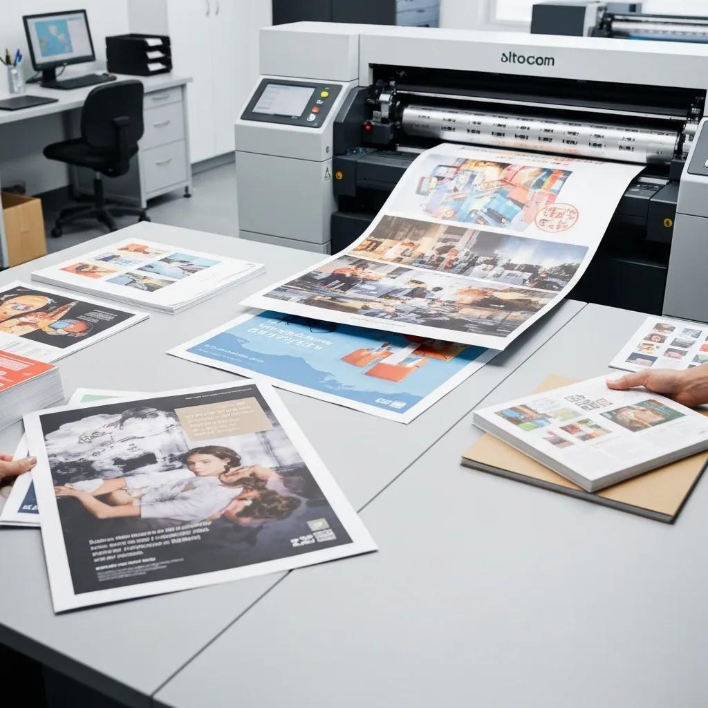 Modern digital printing setup with colorful printed materials and a high-quality printer