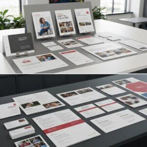 Custom digital printed materials including brochures and business cards in a modern office setting