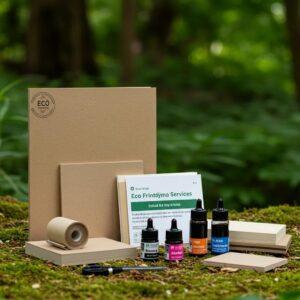Eco-friendly printing supplies including paper, ink bottles, and a service brochure, set in a natural environment, highlighting sustainable practices for Design One Printing services.