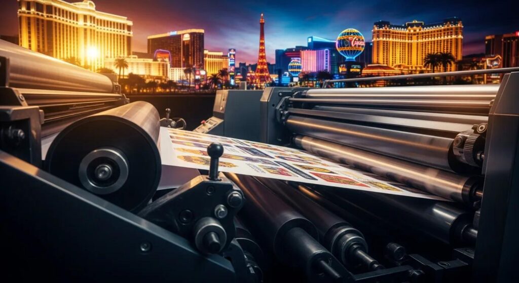 Printing press with colorful printed materials in foreground, Las Vegas skyline illuminated at dusk in background, showcasing vibrant city lights and iconic landmarks.