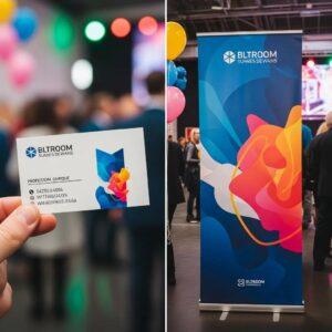 Business card and banner showcasing branding for Design One Printing at an event, featuring vibrant colors and logo, emphasizing promotional materials.