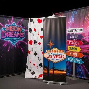 Close-up of vibrant event banners and signs, featuring "Neon Dreams Music Festival" and "Welcome to Fabulous Las Vegas," showcasing Design One Printing's offerings for Las Vegas events.
