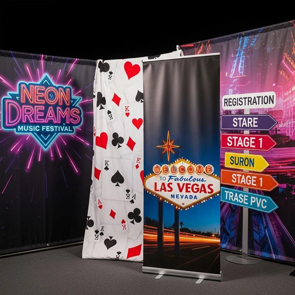 Close-up of vibrant banners and signs used at Las Vegas events
