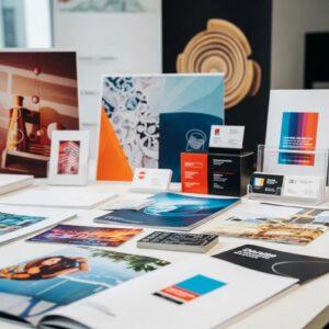 Diverse printed materials including business cards and banners in a professional display