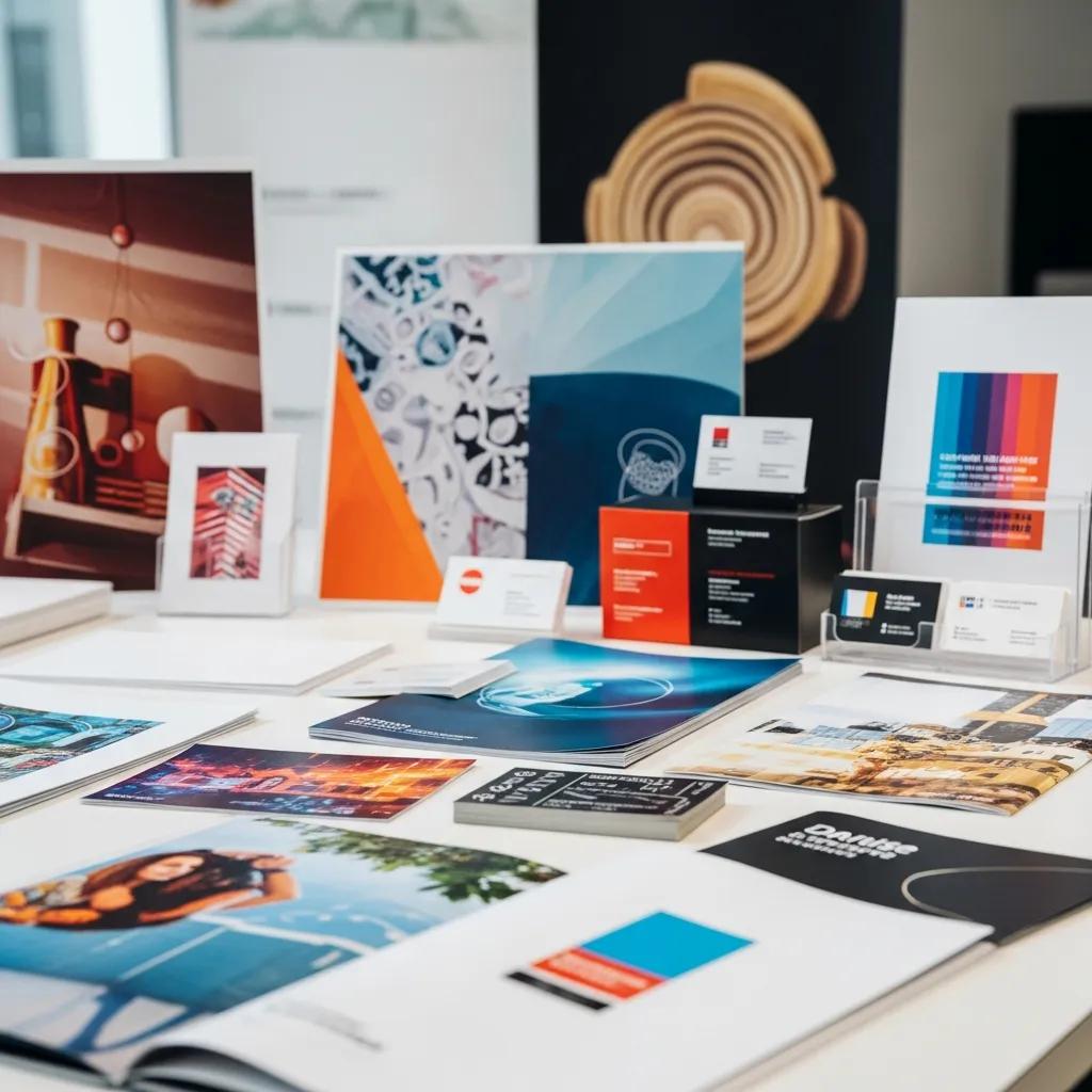 Diverse printed materials including business cards and banners in a professional display