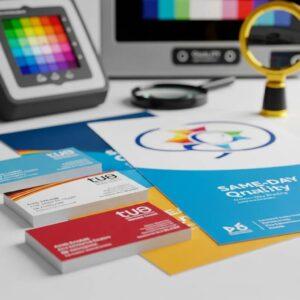 High-quality printed business cards and flyers in vibrant colors, showcasing Design One Printing's same-day quality service, with a color calibration tool and magnifying glass in the background.