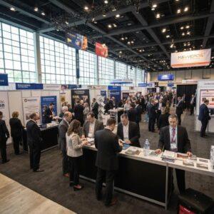 Las Vegas trade show scene with colorful banners and attendees engaging with printed materials