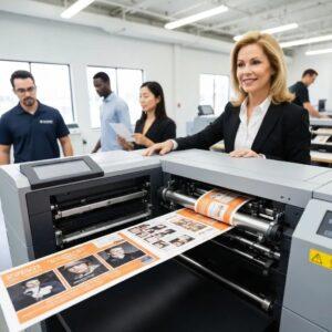 Same day printing process with digital printer producing business cards and flyers in a busy print shop