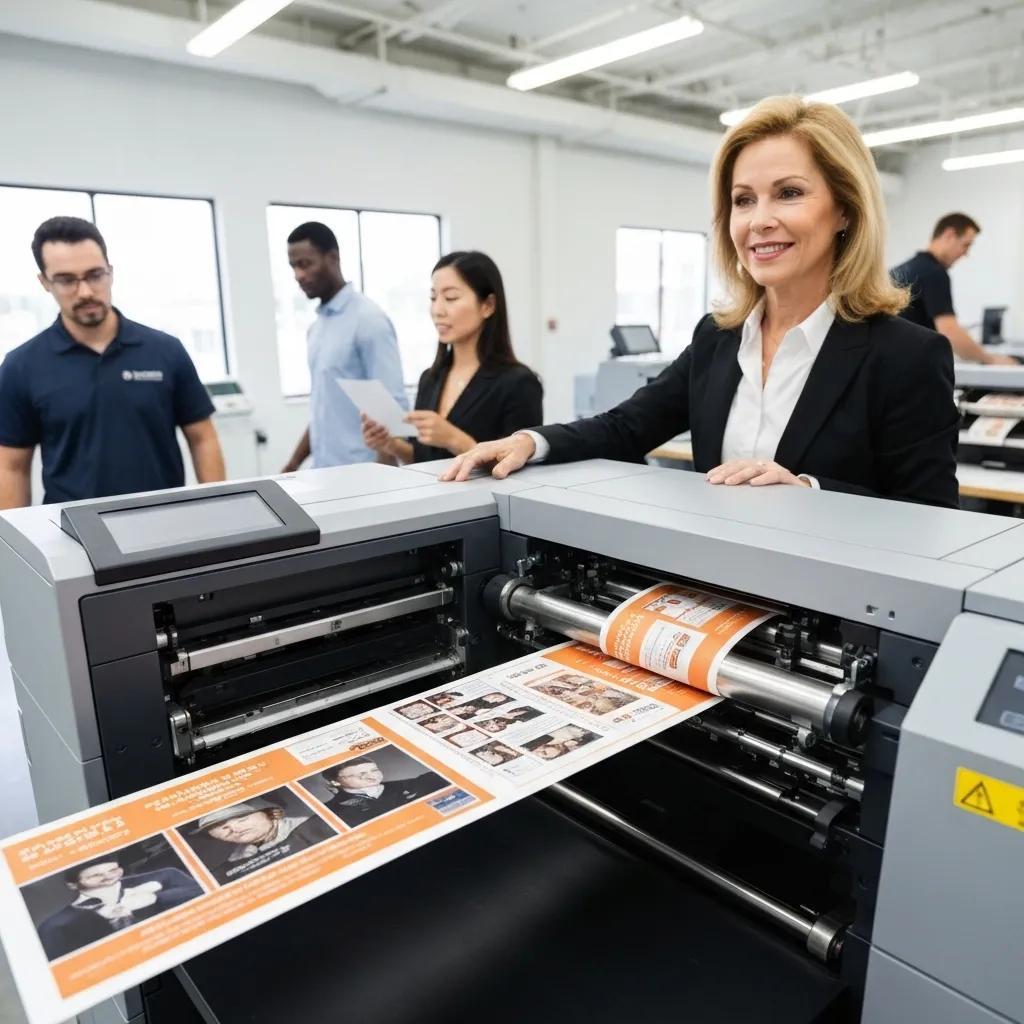 Same day printing process with digital printer producing business cards and flyers in a busy print shop