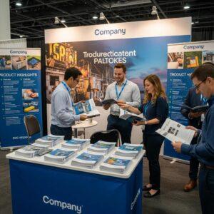 Trade show booth featuring printed materials, attendees engaging with brochures and product highlights, branded backdrop with company logo.