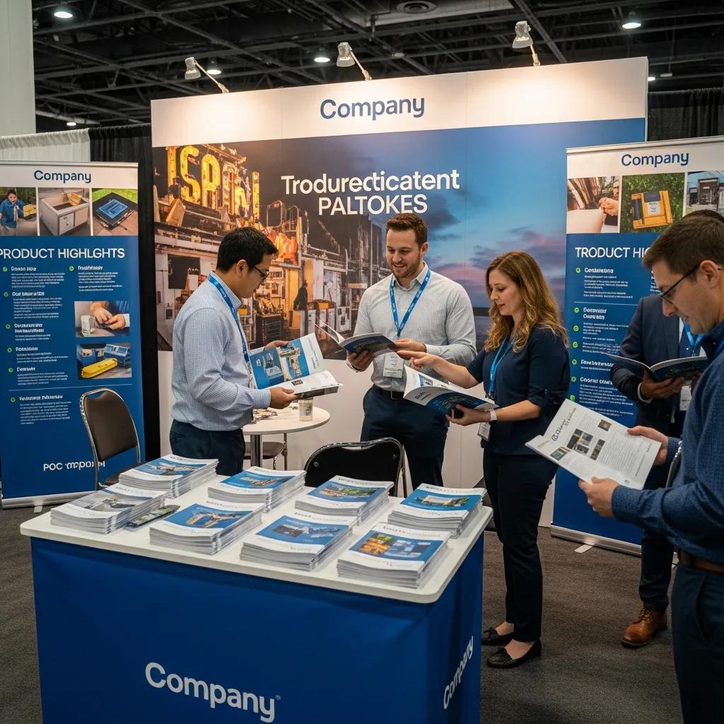 Trade show booth with printed materials engaging attendees