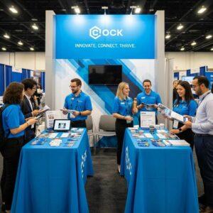 Well-branded trade show booth with custom signage and engaging staff