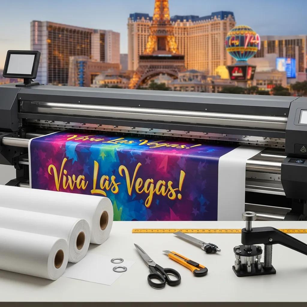 Wide-format printer producing a colorful banner for an event in Las Vegas